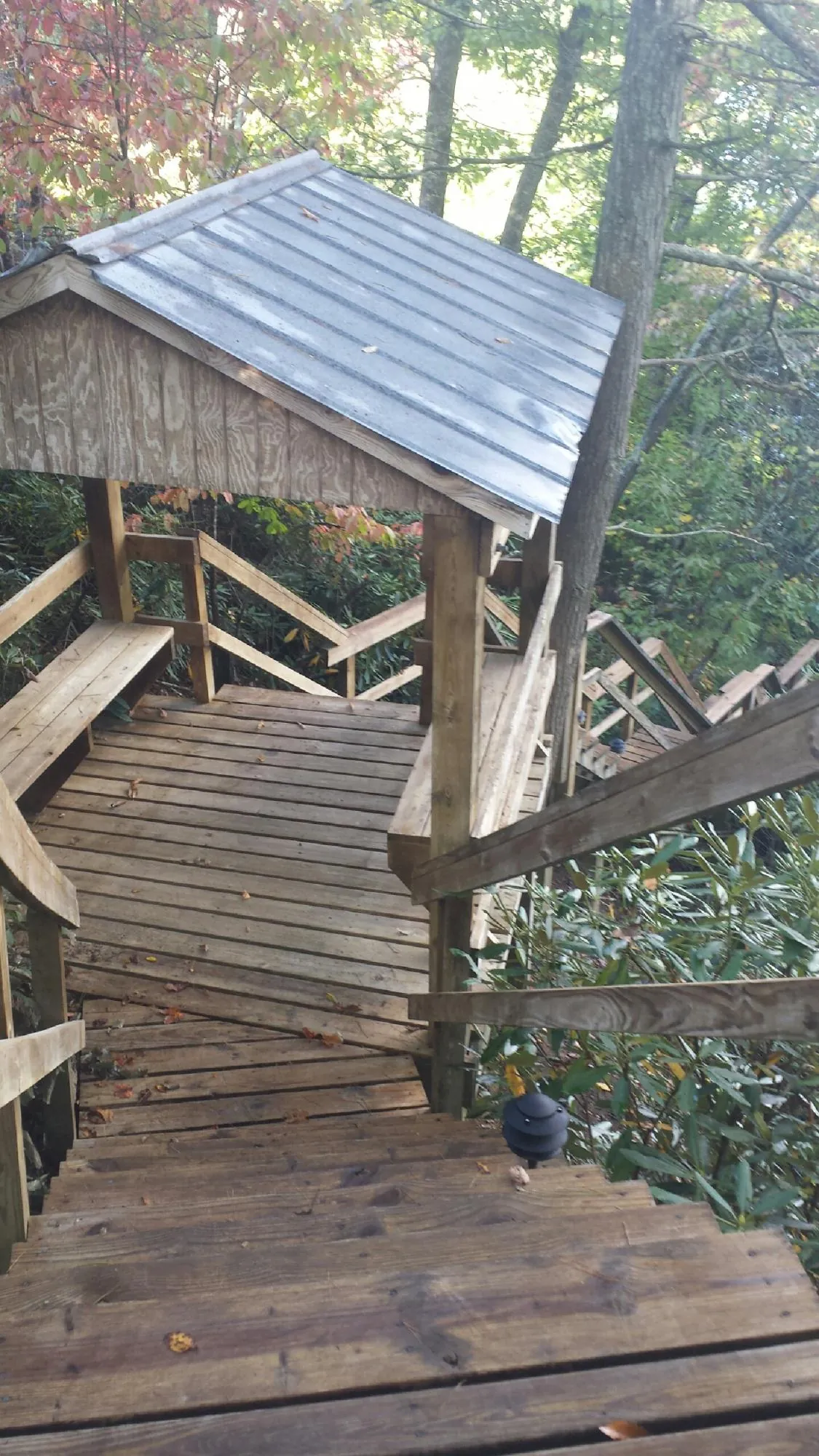 Metal roofed shelter over wooden steps on a wooded walkway — Skylight Repair & Installation work by our crew in Millican